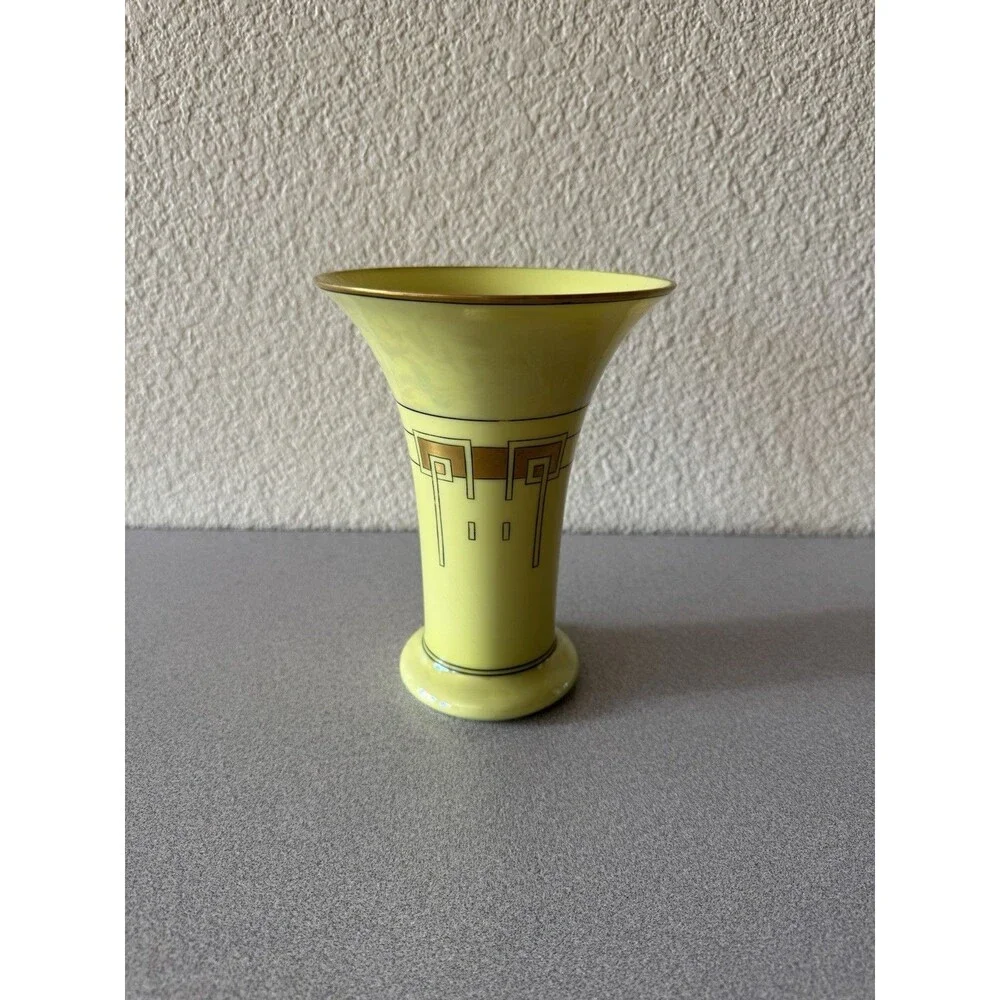 Vintage Art Deco Yellow Ceramic Vase Geometric Gold Black Trumpet 8” Unmarked